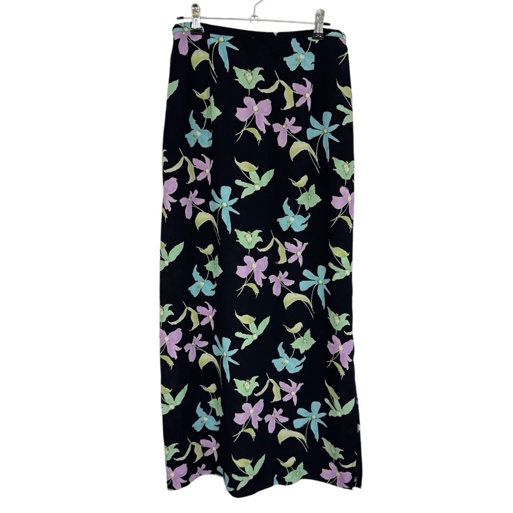 Vintage Hillard & Hanson Floral Midi Skirt Sz S Black Pastel Y2K Romantic EUC